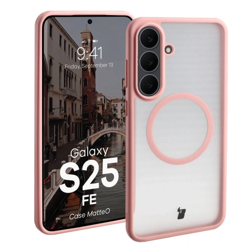 Etui z pierścieniem magnetycznym Bizon Case MatteO Magnetic do Samsung Galaxy S25 FE przydymione-jasnoróżowe