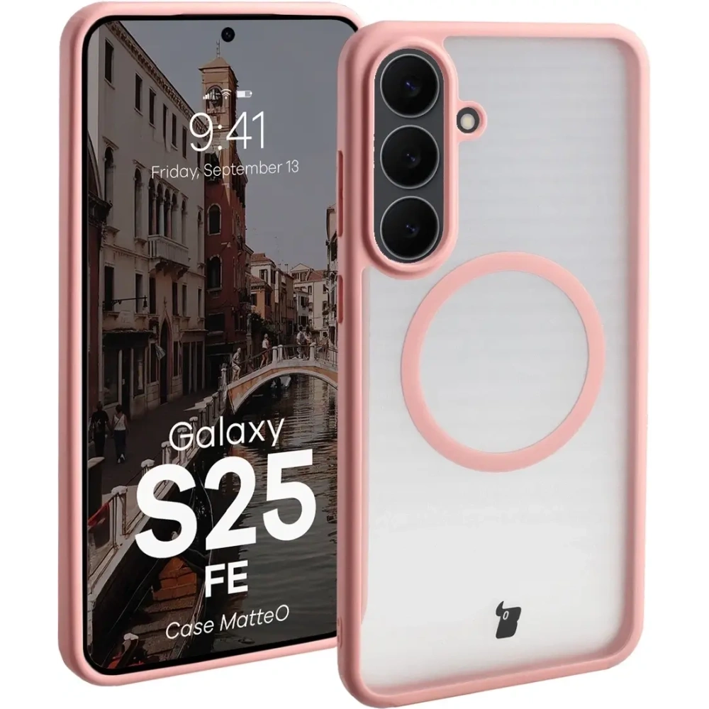 Etui z pierścieniem magnetycznym Bizon Case MatteO Magnetic do Samsung Galaxy S25 FE przydymione-jasnoróżowe