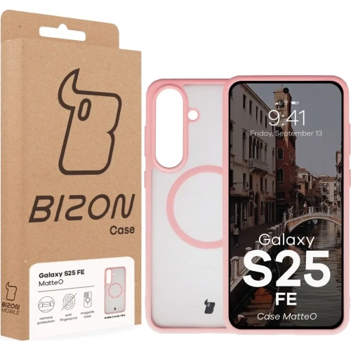 Etui z pierścieniem magnetycznym Bizon Case MatteO Magnetic do Samsung Galaxy S25 FE przydymione-jasnoróżowe