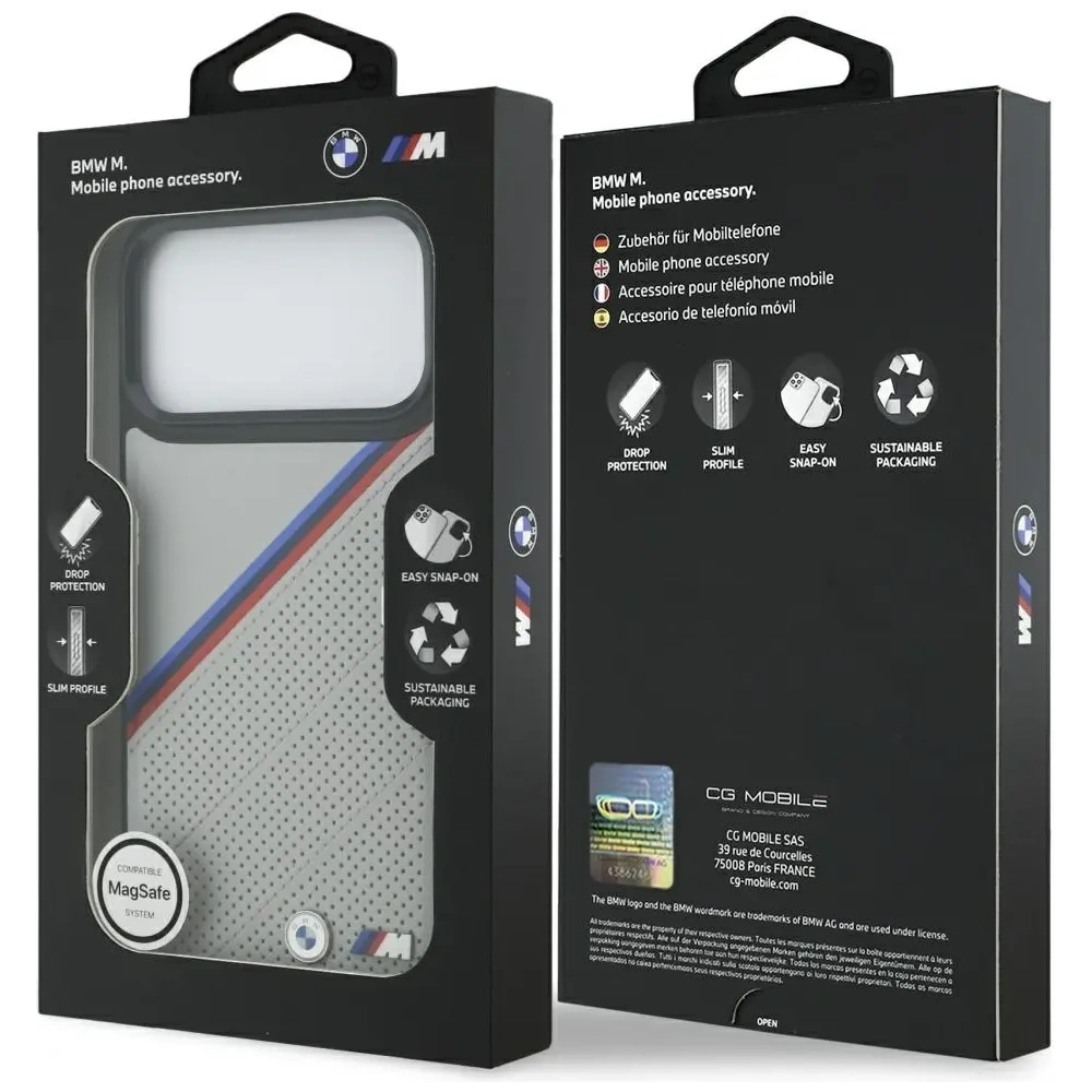 Etui BMW M Tricolor Metal Logo MagSafe do Apple iPhone 17 Pro Max szary