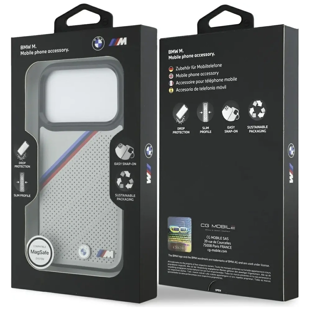 Etui BMW M Tricolor Metal Logo MagSafe do Apple iPhone 17 Pro szary