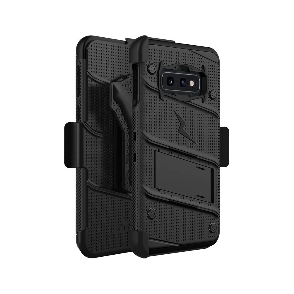 Hurtownia GSM - Pancéřové pouzdro Zizo Bolt Cover Samsung Galaxy S10e se sklem 9H na displej + stojánek a držák na pásek (Černá/Černá) - ZIZ001BLK - {ean13} - Hurt