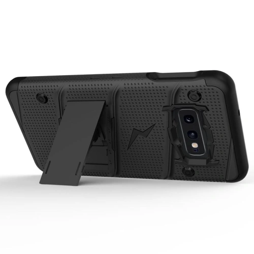Pancerne etui Zizo Bolt Cover Samsung Galaxy S10e ze szkłem 9H na ekran + podstawka & uchwyt do paska (Black/Black)