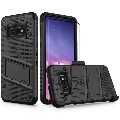 Pancerne etui Zizo Bolt Cover Samsung Galaxy S10e ze szkłem 9H na ekran + podstawka & uchwyt do paska (Black/Black)