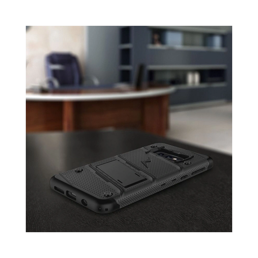Hurtownia GSM - Pancéřové pouzdro Zizo Bolt Cover Samsung Galaxy S10e se sklem 9H na displej + stojánek a držák na pásek (Černá/Černá) - ZIZ001BLK - {ean13} - Hurt