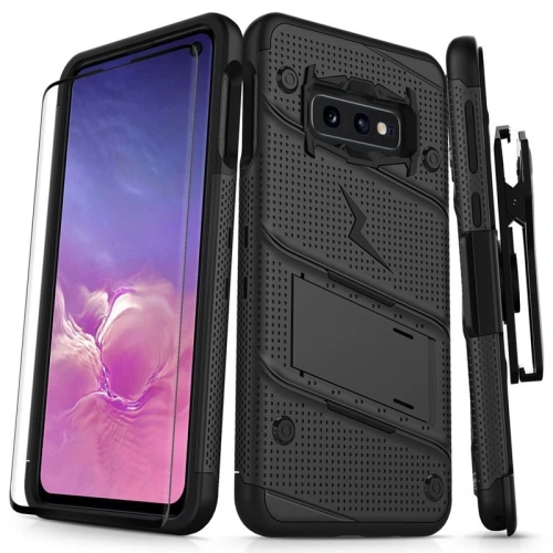 Pancerne etui Zizo Bolt Cover Samsung Galaxy S10e ze szkłem 9H na ekran + podstawka & uchwyt do paska (Black/Black)