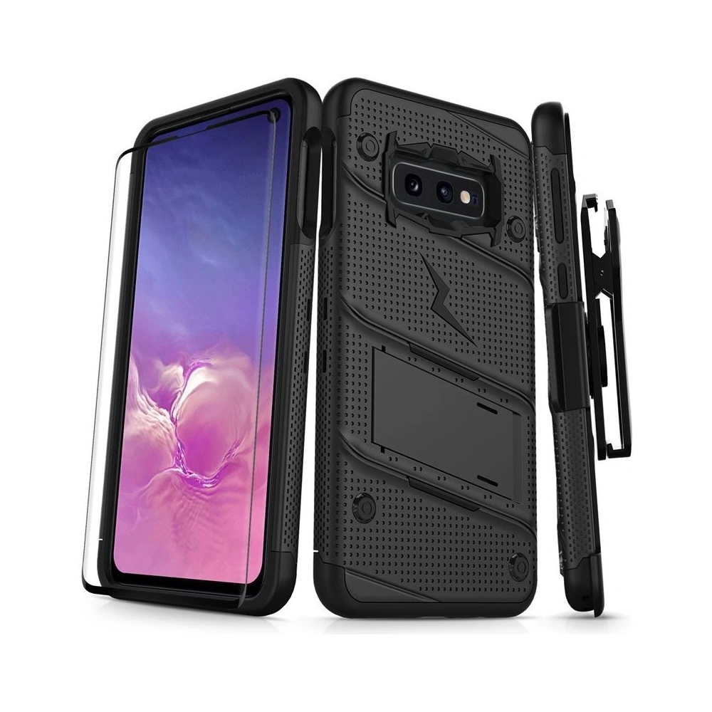Hurtownia GSM - Pancéřové pouzdro Zizo Bolt Cover Samsung Galaxy S10e se sklem 9H na displej + stojánek a držák na pásek (Černá/Černá) - ZIZ001BLK - {ean13} - Hurt