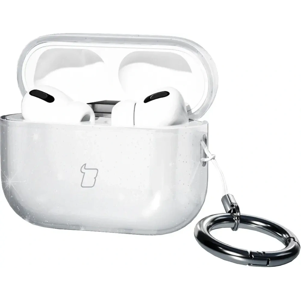 Elastyczne etui z karabińczykiem Bizon Case Headphone Clear do Apple AirPods Pro 3 przeźroczysto-brokatowe