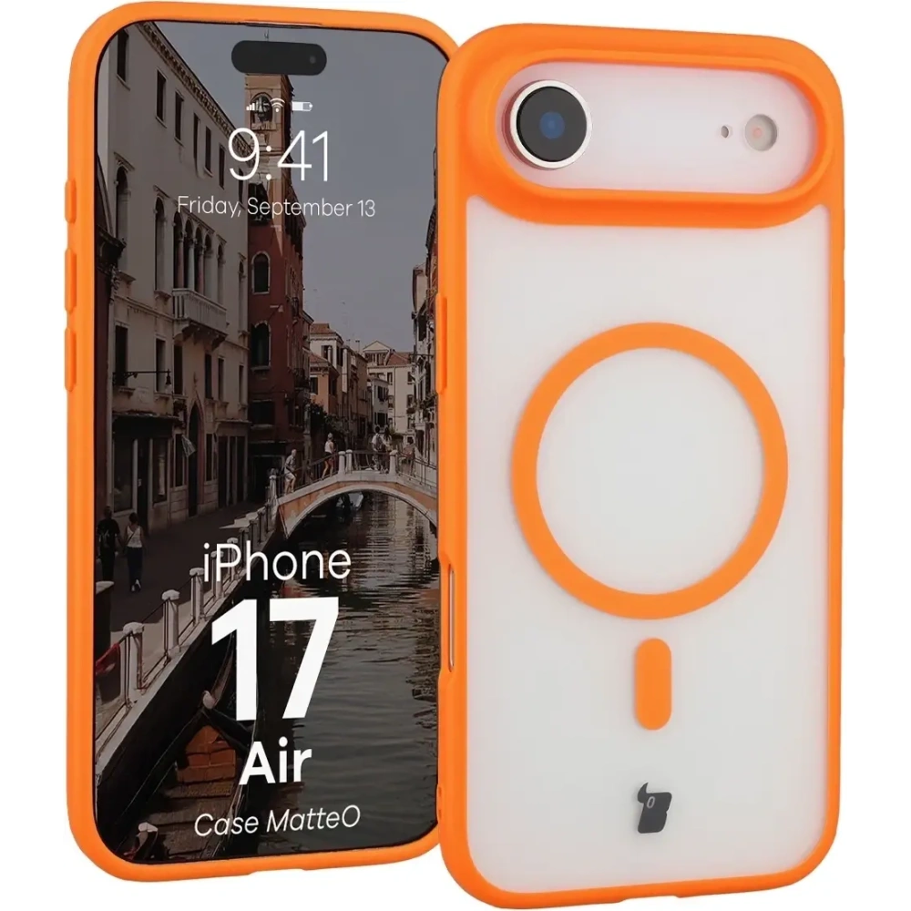 Etui z pierścieniem magnetycznym Bizon Case MatteO do Apple iPhone 17 Air przydymione-pomarańczowe