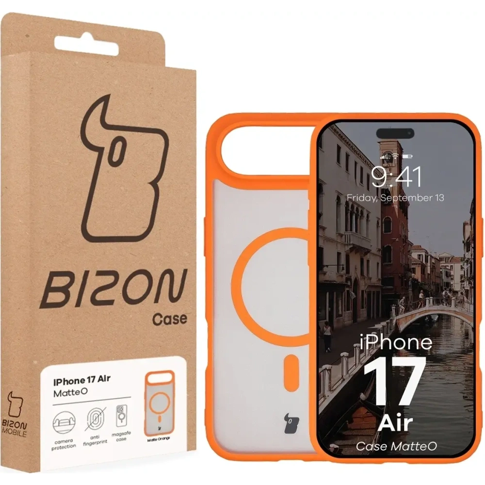 Etui z pierścieniem magnetycznym Bizon Case MatteO do Apple iPhone 17 Air przydymione-pomarańczowe