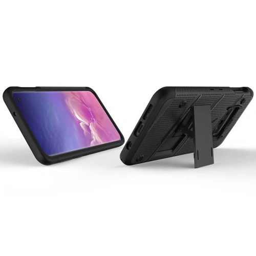 Pancerne etui Zizo Bolt Cover Samsung Galaxy S10e ze szkłem 9H na ekran + podstawka & uchwyt do paska (Black/Black)