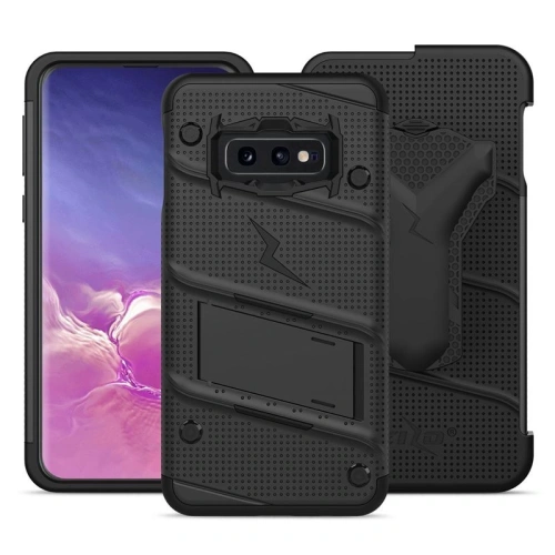 Pancerne etui Zizo Bolt Cover Samsung Galaxy S10e ze szkłem 9H na ekran + podstawka & uchwyt do paska (Black/Black)