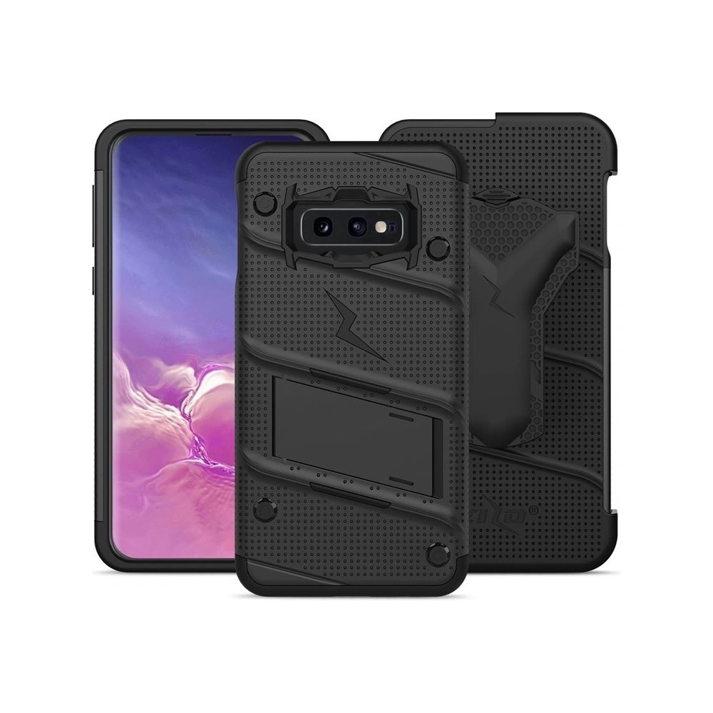 Hurtownia GSM - Pancéřové pouzdro Zizo Bolt Cover Samsung Galaxy S10e se sklem 9H na displej + stojánek a držák na pásek (Černá/Černá) - ZIZ001BLK - {ean13} - Hurt