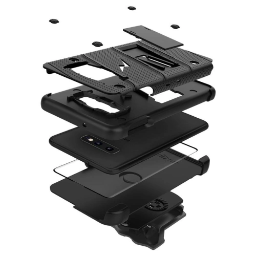 Pancerne etui Zizo Bolt Cover Samsung Galaxy S10e ze szkłem 9H na ekran + podstawka & uchwyt do paska (Black/Black)