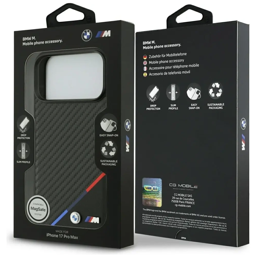 Etui BMW M Carbon Tricolor Line MagSafe do Apple iPhone 17 Pro Max czarny
