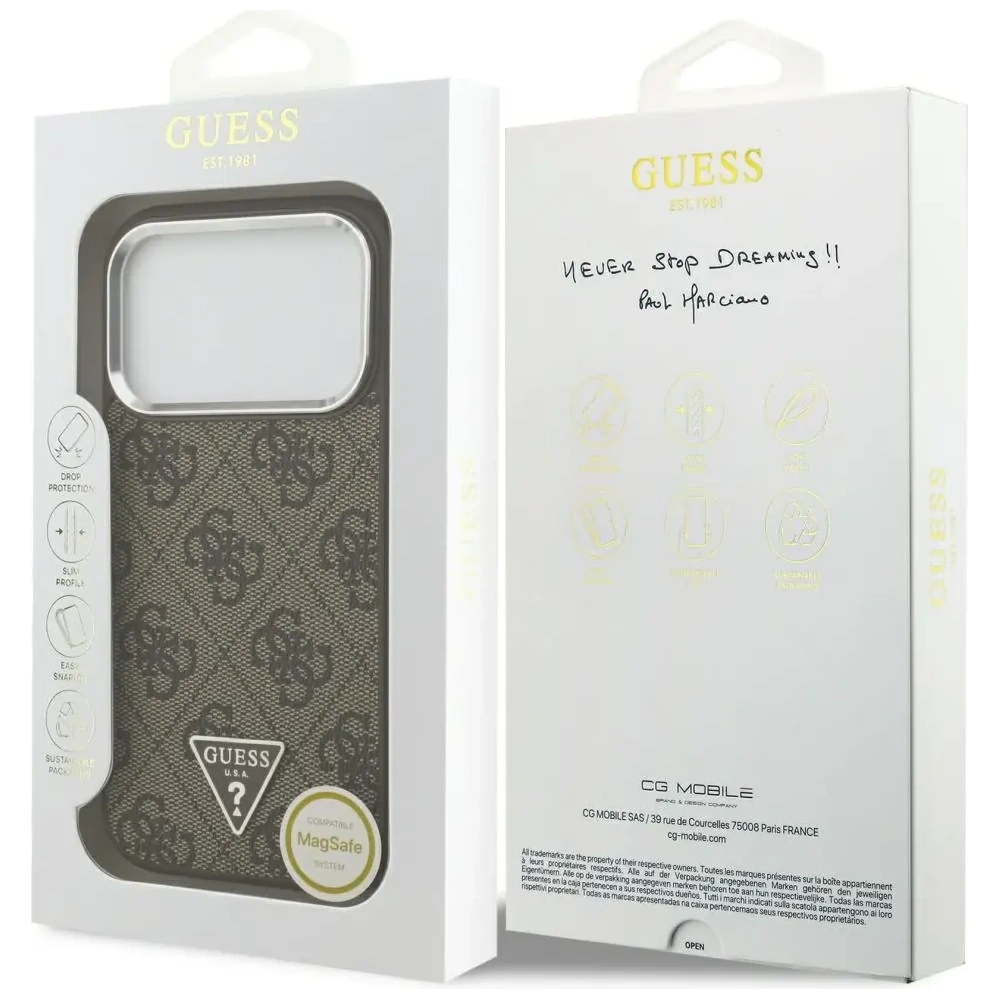 Etui Guess 4G Triangle Logo MagSafe do Apple iPhone 17 Pro brązowy srebrny