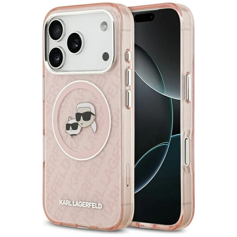 Etui Karl Lagerfeld IML Glitter Karl & Choupette Heads Logo MagSafe do Apple iPhone 17 Pro Max różowy