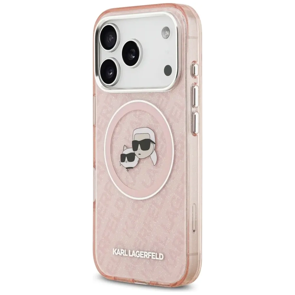 Etui Karl Lagerfeld IML Glitter Karl & Choupette Heads Logo MagSafe do Apple iPhone 17 Pro Max różowy