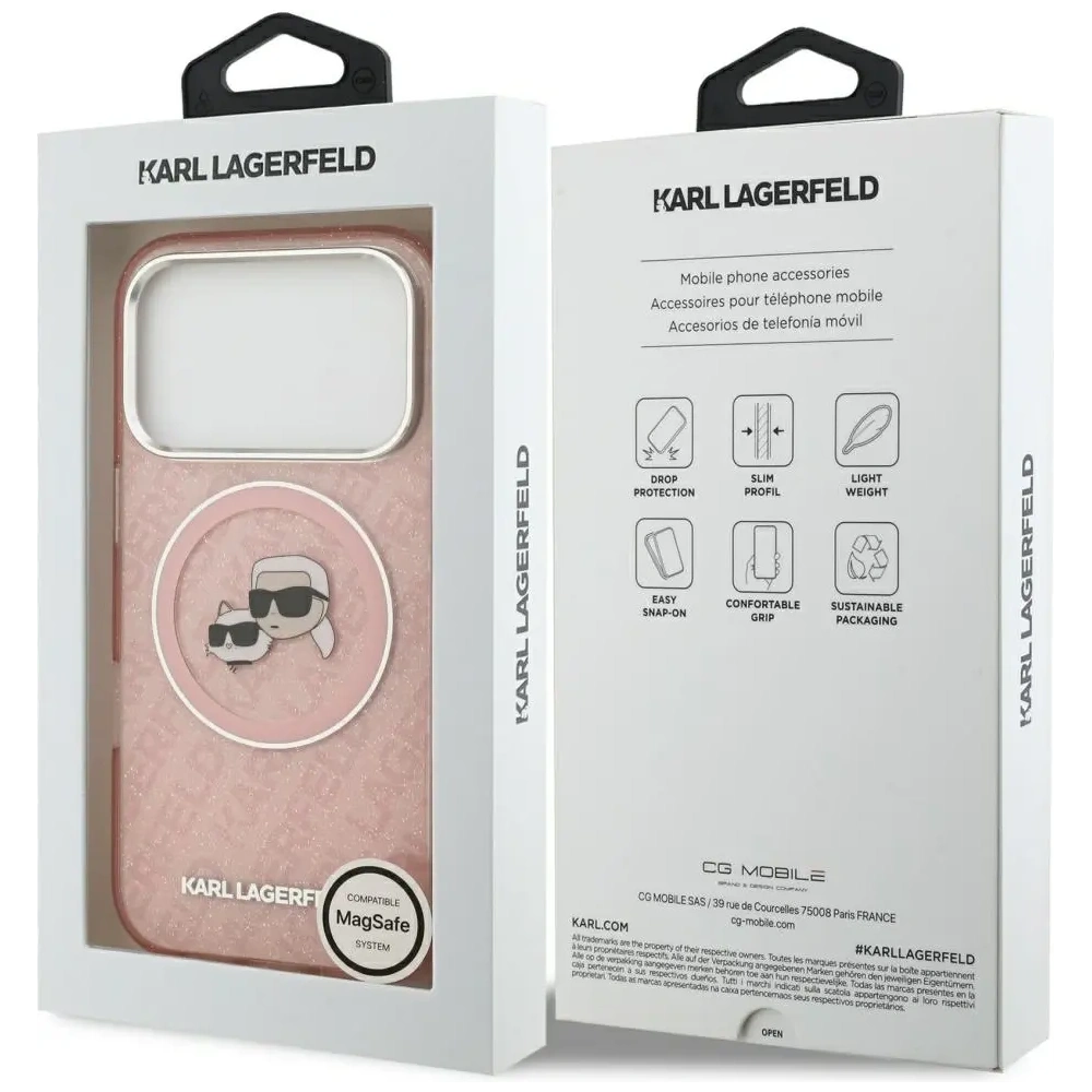 Etui Karl Lagerfeld IML Glitter Karl & Choupette Heads Logo MagSafe do Apple iPhone 17 Pro Max różowy