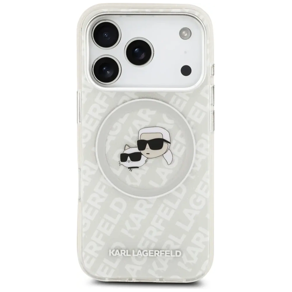 Etui Karl Lagerfeld IML Glitter Karl & Choupette Heads Logo MagSafe do Apple iPhone 17 Pro Max szary