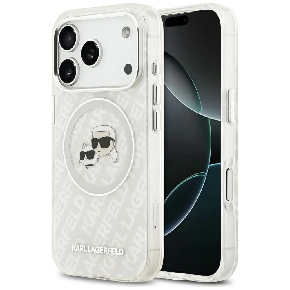 Etui Karl Lagerfeld IML Glitter Karl & Choupette Heads Logo MagSafe do Apple iPhone 17 Pro szary