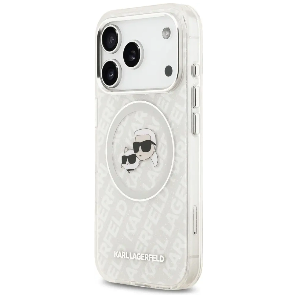 Etui Karl Lagerfeld IML Glitter Karl & Choupette Heads Logo MagSafe do Apple iPhone 17 Pro szary