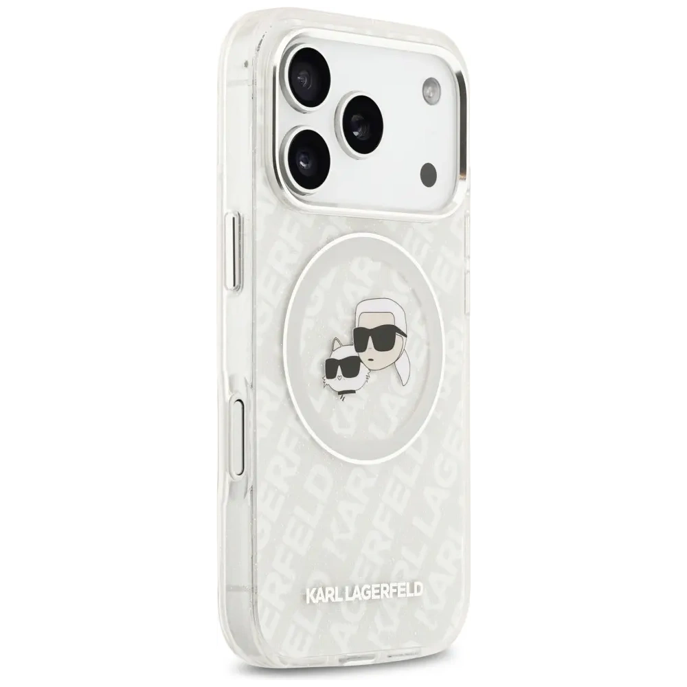 Etui Karl Lagerfeld IML Glitter Karl & Choupette Heads Logo MagSafe do Apple iPhone 17 Pro szary