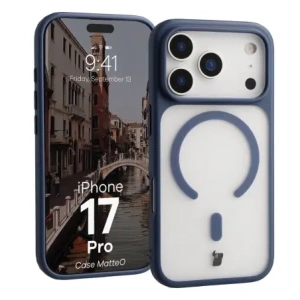 Etui z pierścieniem magnetycznym Bizon Case MatteO do Apple iPhone 17 Pro przydymione-granatowe