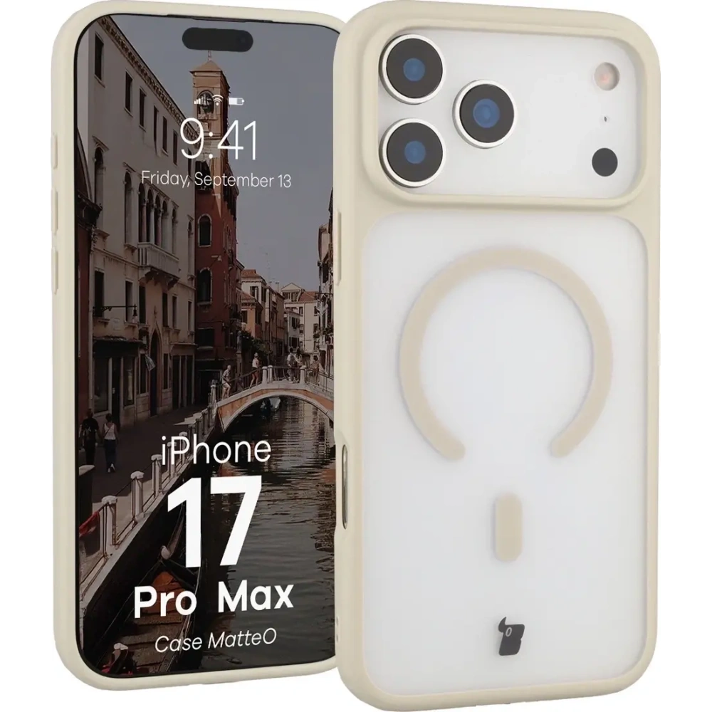 Etui z pierścieniem magnetycznym Bizon Case MatteO do Apple iPhone 17 Pro Max przydymione-beżowe