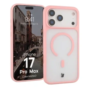 Etui z pierścieniem magnetycznym Bizon Case MatteO do Apple iPhone 17 Pro Max przydymione-jasnoróżowe