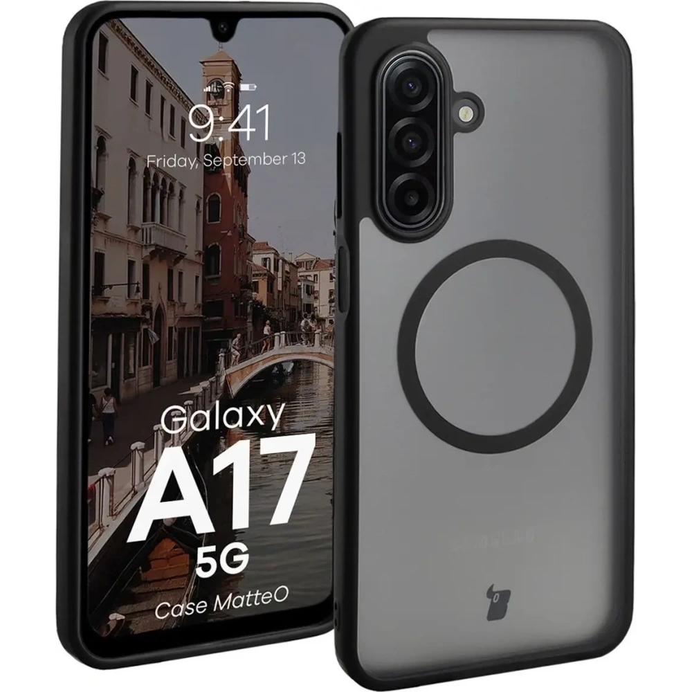 Etui z pierścieniem magnetycznym Bizon Case MatteO do Samsung Galaxy A17 5G przydymione-czarne