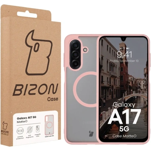Etui z pierścieniem magnetycznym Bizon Case MatteO do Samsung Galaxy A17 5G przydymione-jasnoróżowe