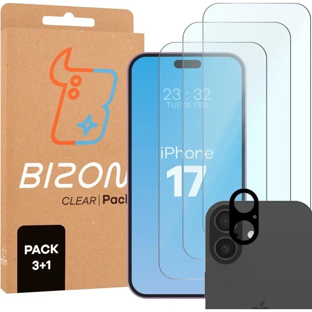3x Szkło hartowane + szybka na aparat Bizon Glass Clear Pack do Apple iPhone 17