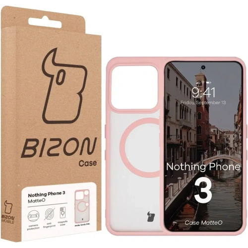 Etui z pierścieniem magnetycznym Bizon Case MatteO do Nothing Phone (3) przydymione-jasnoróżowe