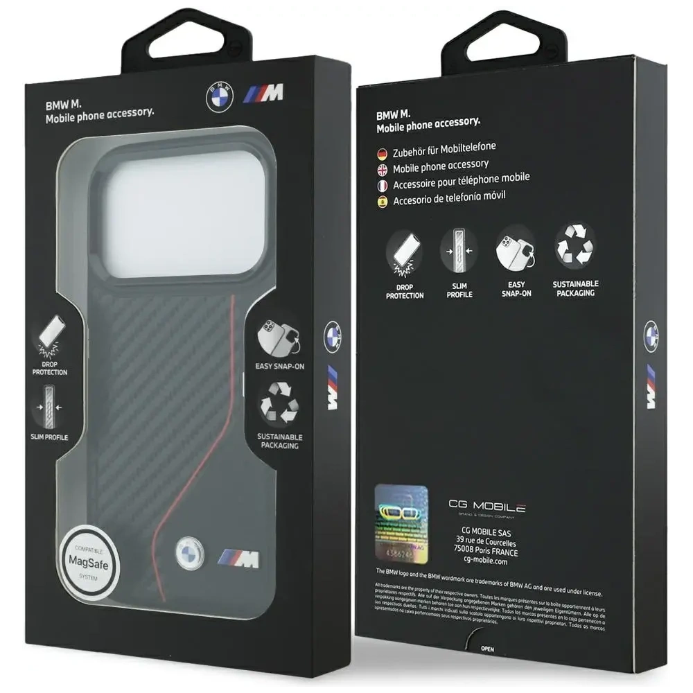 Etui BMW M Carbon Line & Logo MagSafe do Apple iPhone 17 Pro czerwony