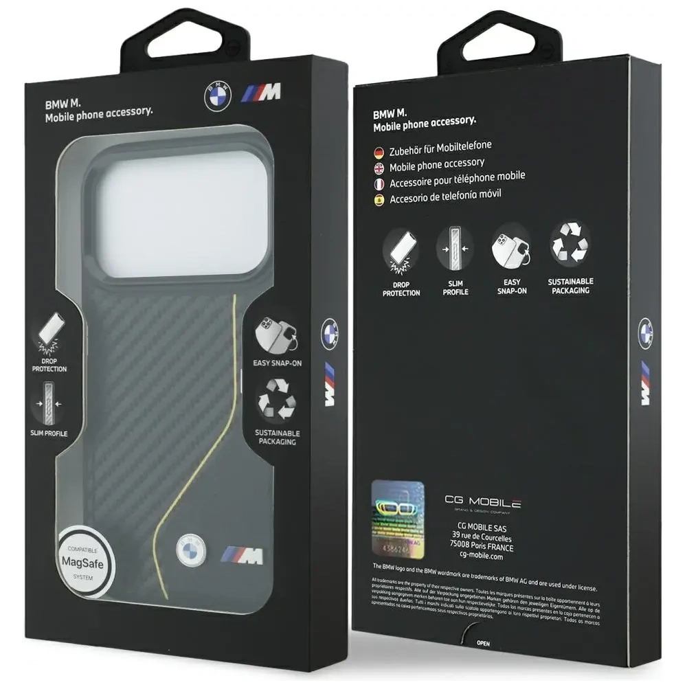 Etui BMW M Carbon Line & Logo MagSafe do Apple iPhone 17 Pro żółty