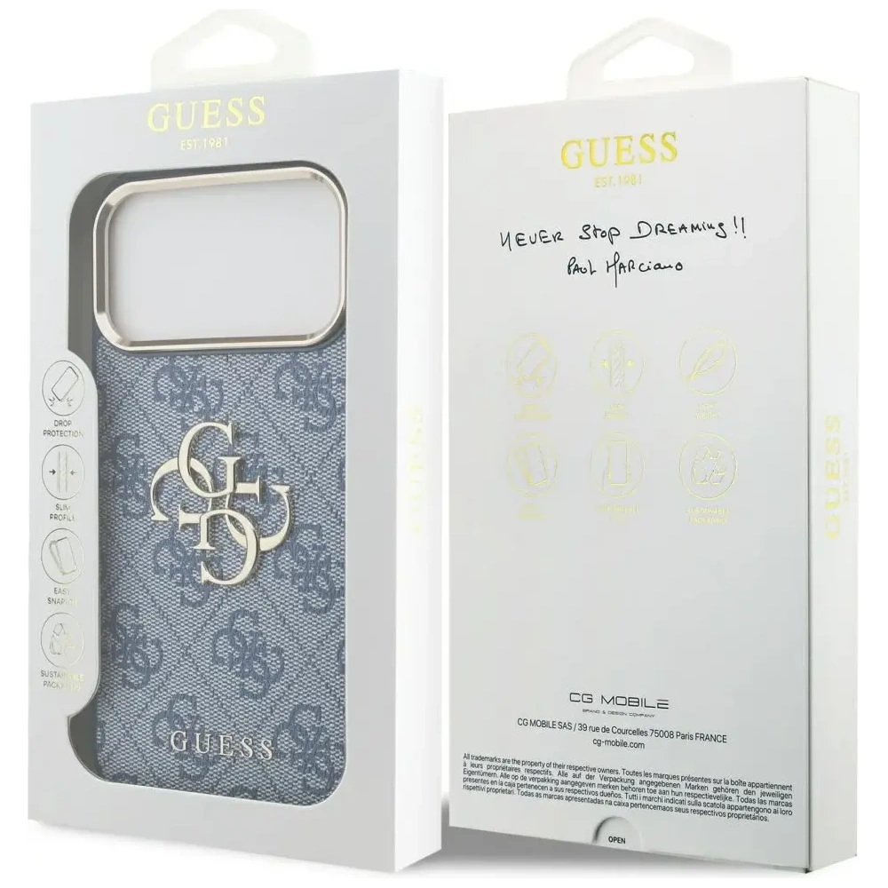 Etui Guess 4G Big 4G Classic Logo do Apple iPhone 17 Pro Max niebieski złoty