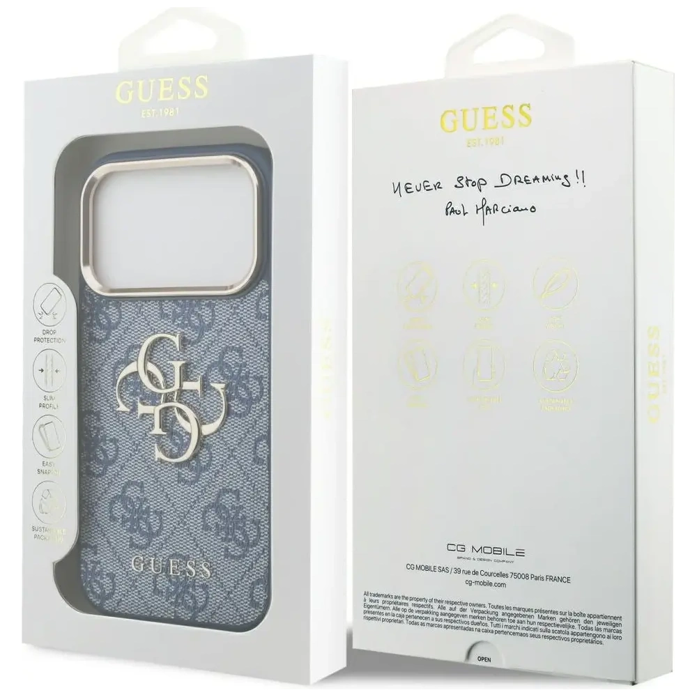 Etui Guess 4G Big 4G Classic Logo do Apple iPhone 17 Pro niebieski złoty