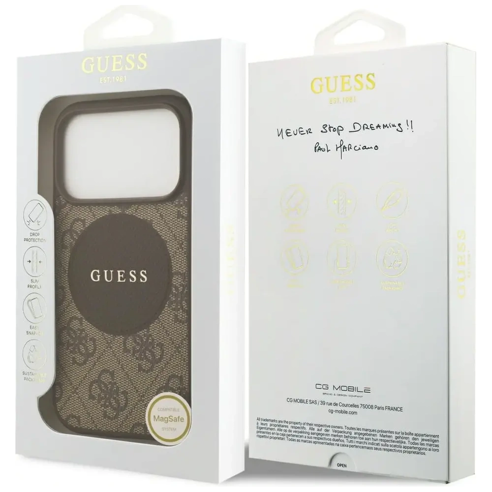 Etui Guess 4G Circle Classic Logo MagSafe do Apple iPhone 17 Pro brązowy
