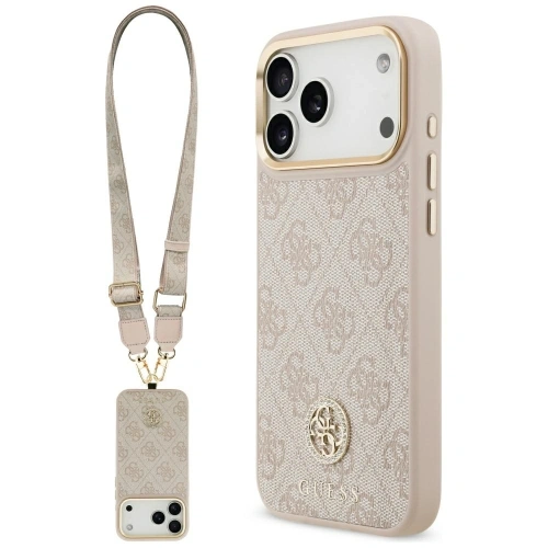 Etui Guess 4G Strass Logo & Big Strap Metal Buttons MagSafe do Apple iPhone 17 Pro Max różowy