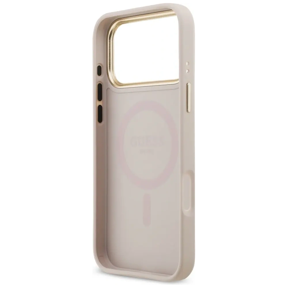 Etui Guess 4G Strass Logo & Big Strap Metal Buttons MagSafe do Apple iPhone 17 Pro Max różowy
