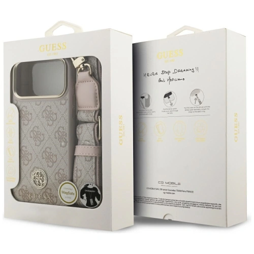 Etui Guess 4G Strass Logo & Big Strap Metal Buttons MagSafe do Apple iPhone 17 Pro Max różowy