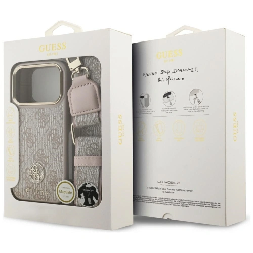 Etui Guess 4G Strass Logo & Big Strap Metal Buttons MagSafe do Apple iPhone 17 Pro różowy