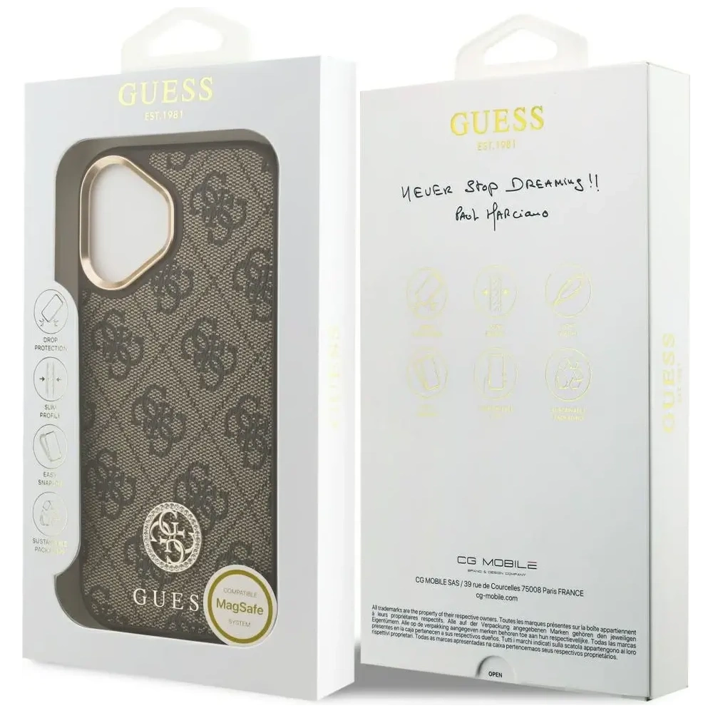 Etui Guess 4G Strass Logo MagSafe do Apple iPhone 17 brązowy