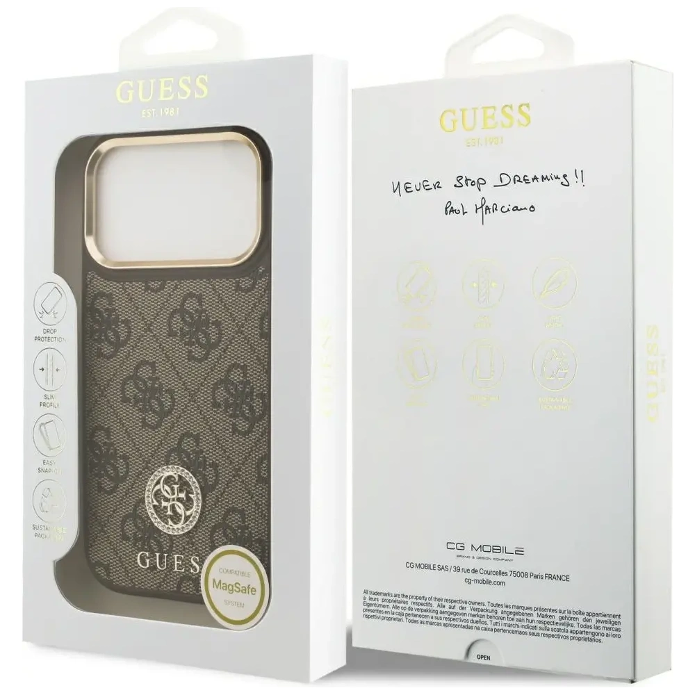 Etui Guess 4G Strass Logo MagSafe do Apple iPhone 17 Pro brązowy