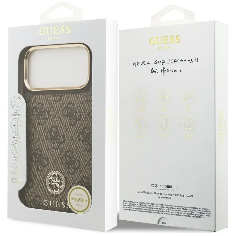 Etui Guess 4G Strass Logo MagSafe do Apple iPhone 17 Pro Max brązowy