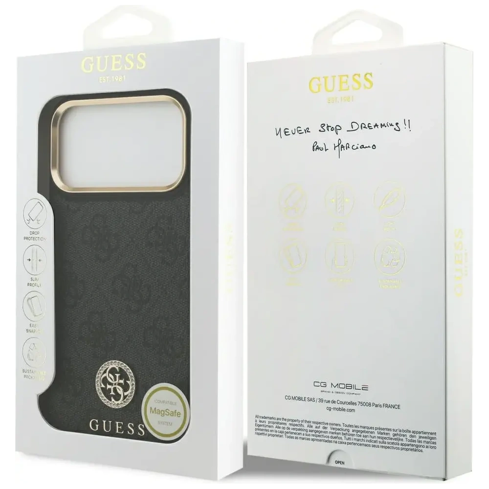 Etui Guess 4G Strass Logo MagSafe do Apple iPhone 17 Pro Max czarny
