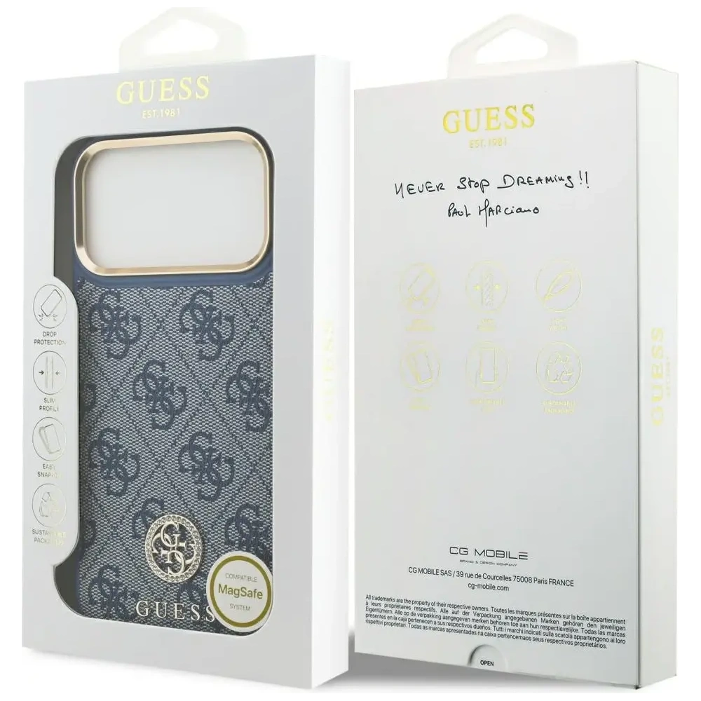 Etui Guess 4G Strass Logo MagSafe do Apple iPhone 17 Pro Max niebieski