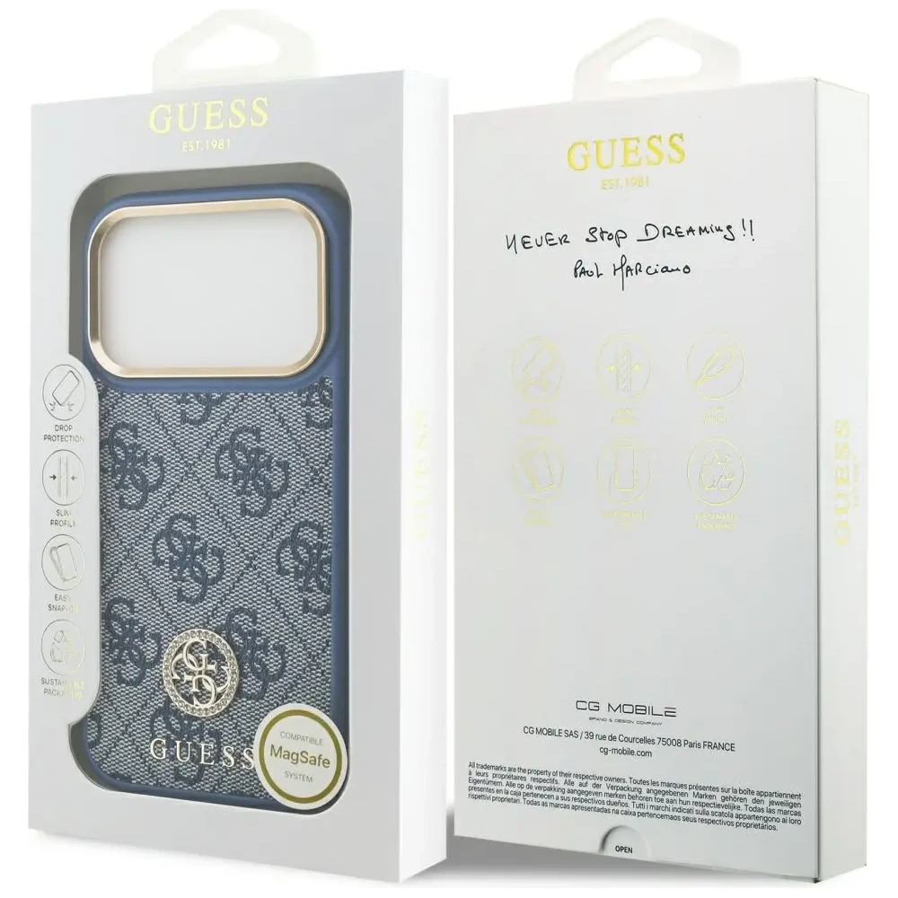 Etui Guess 4G Strass Logo MagSafe do Apple iPhone 17 Pro niebieski