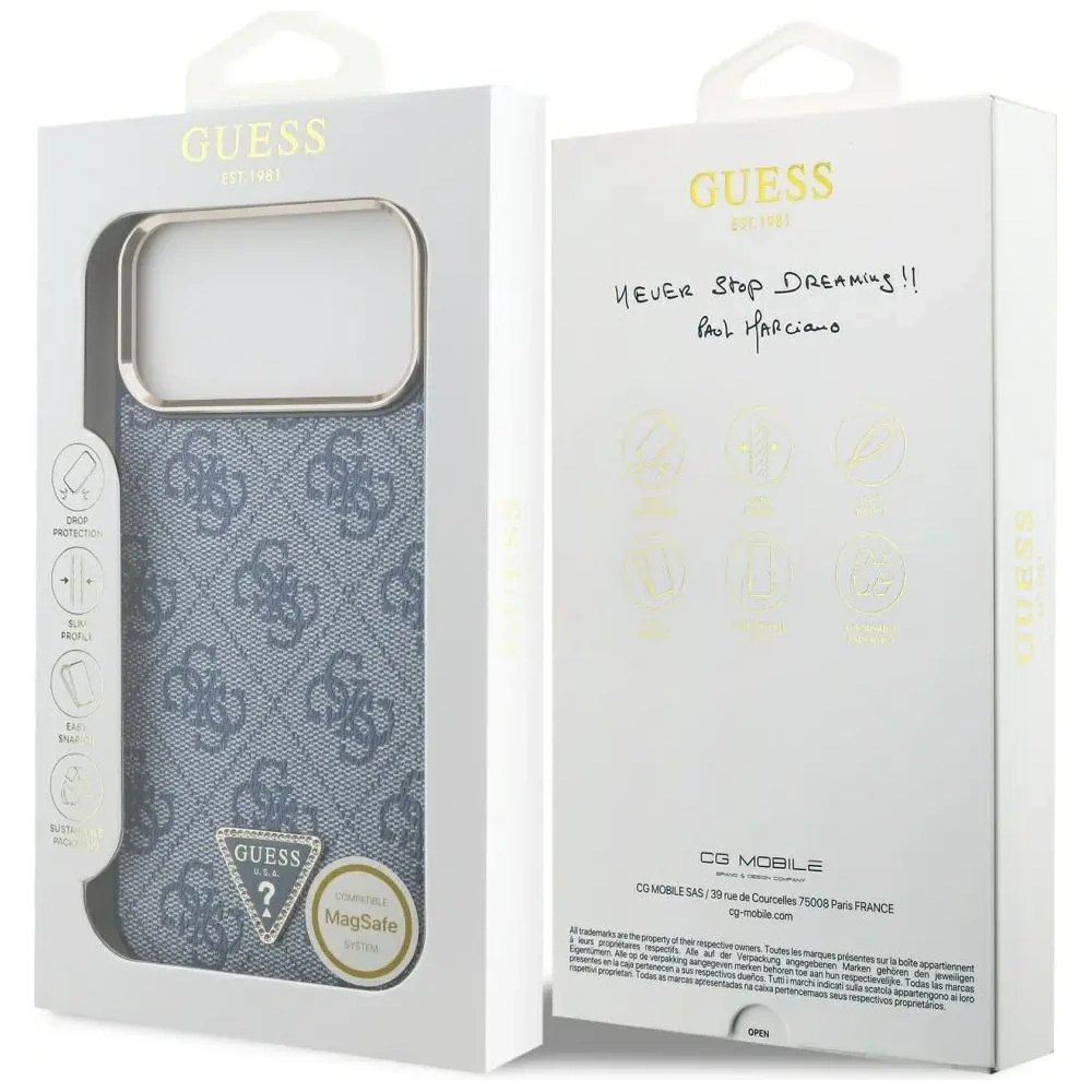 Etui Guess 4G Triangle Logo MagSafe do Apple iPhone 17 Pro Max niebieski złoty